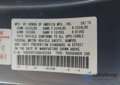 2016 Honda Accord Lx из США, поврежденный, VIN 1HGCR2F33GA242559